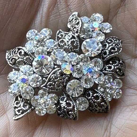 VTG Brooch Pin 1 3/8" AB Rhinestones Blooming Flower Cluster Rhodium Plated MCM - Picture 2 of 5